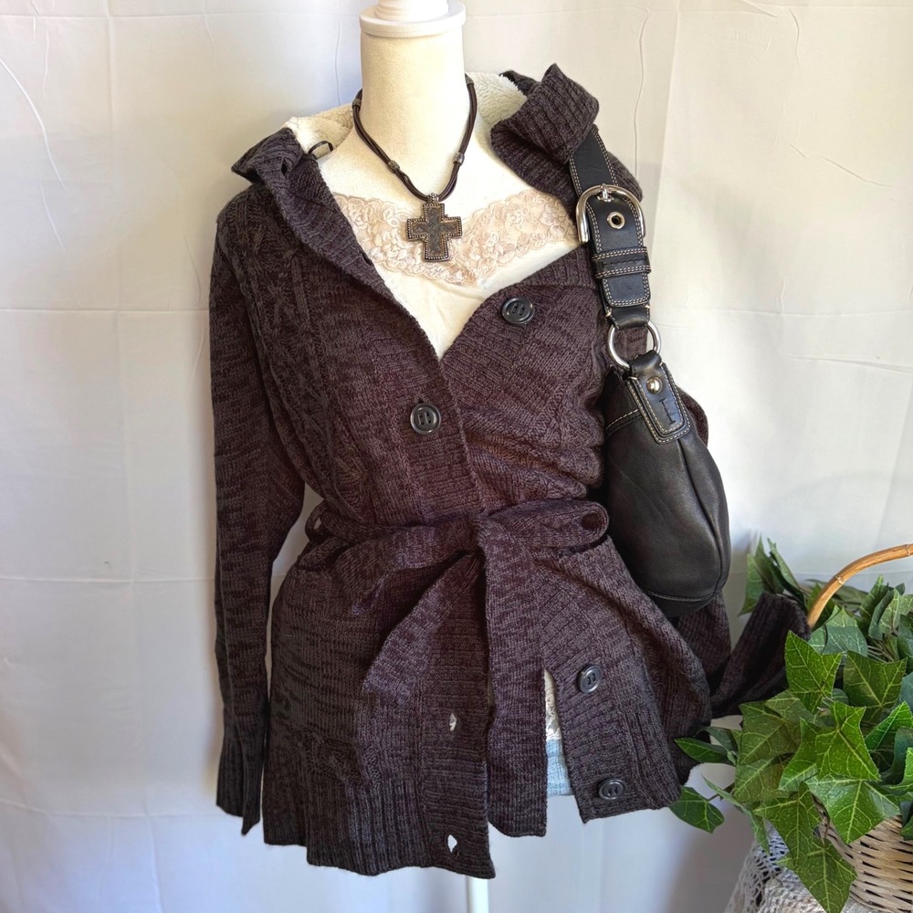 Fall Grunge Y2K Gray Cable Knit Sherpa Hooded Belted Cardigan Sweater NWT